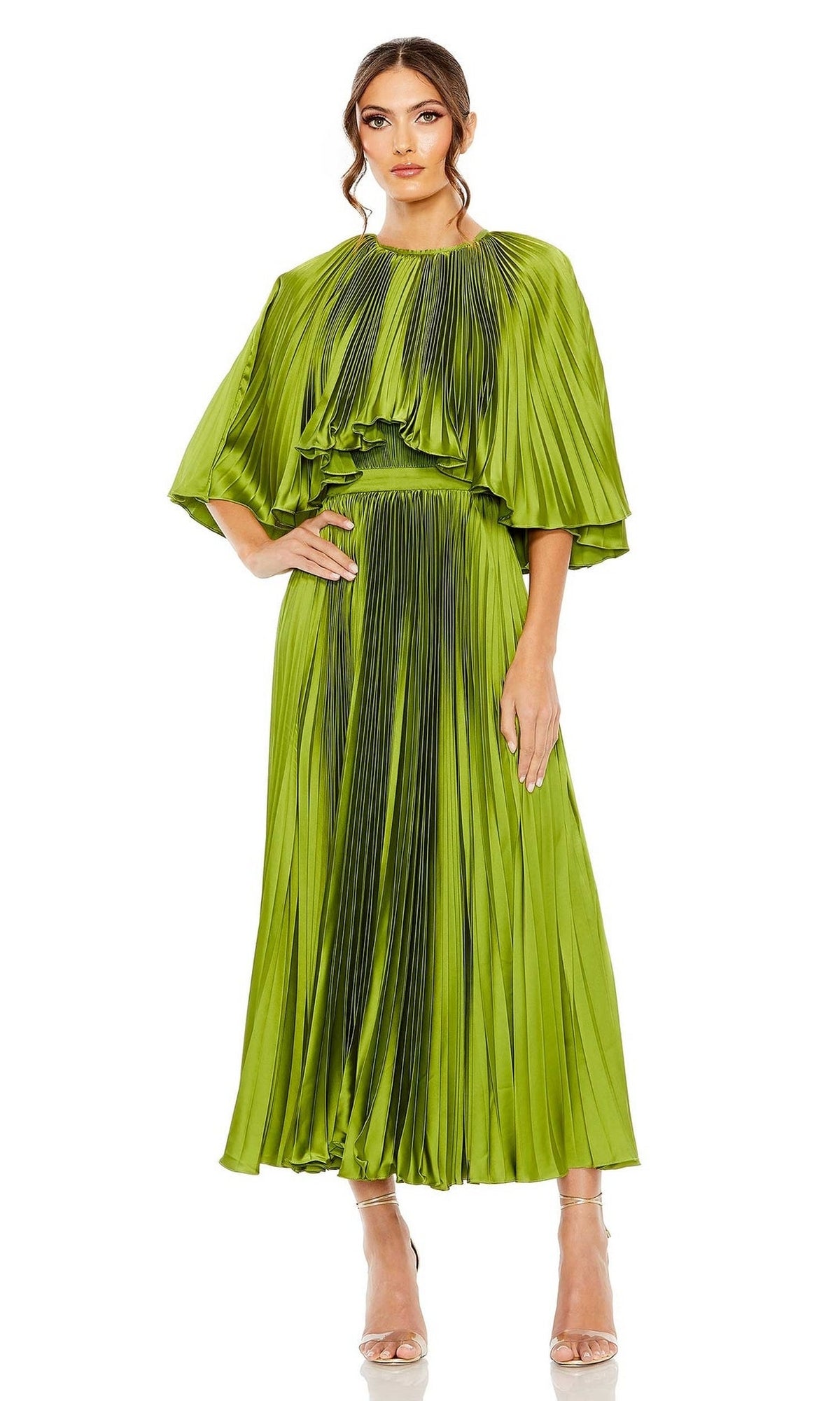A woman wears the Mac Duggal 49638 Caped Tea-Length Party Dress in lime green with wide short sleeves and clear high heels, standing against a white background.